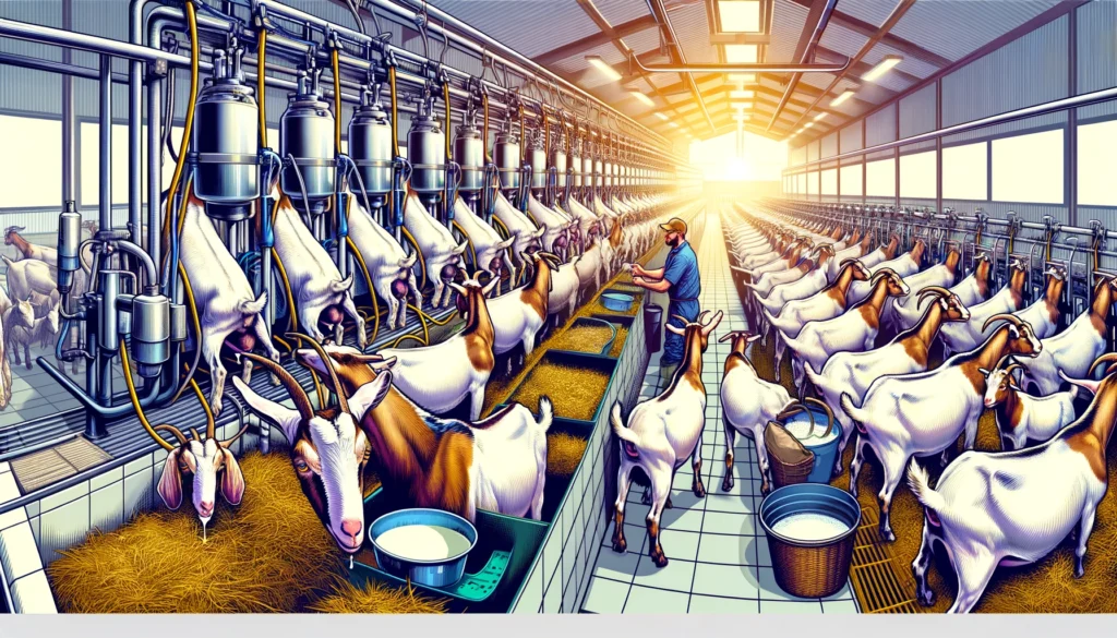 Boer Goat Farms A vivid and detailed wide aspect illustration of Boer goats in a dairy setting. Show the goats being milked, with milking equipment and a clean, well 1