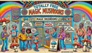 BOHINEY COMEDY A satirical, Mad Magazine style wide aspect illustration of a quirky Denver business offering free magic mushrooms. The storefront feature Magic Mushrooms